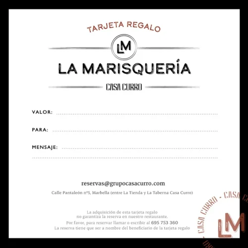 Tarjeta de Regalo para la Marisquería Casa Curro.